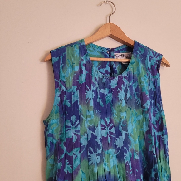Vintage Daily Planet Dress Rayon Tie Dye Blue Green Buttons Sleeveless - Picture 2 of 9